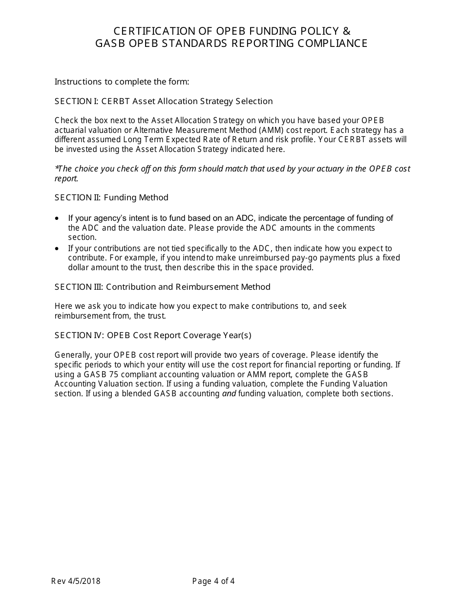 Form for Certification of Opeb Funding Policy  Gasb Opeb Standards Reporting Compliance - California, Page 4