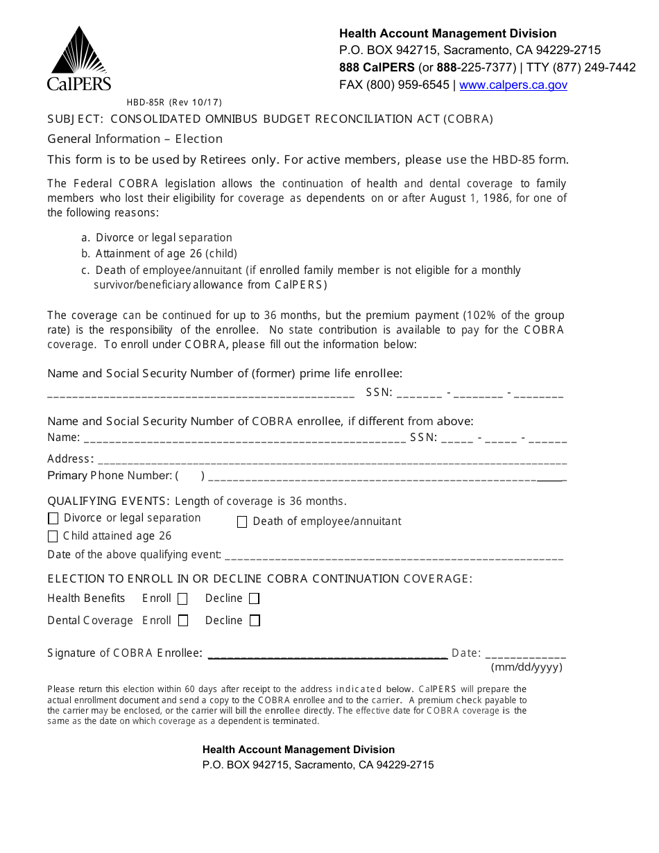 Form HBD-85R Cobra Election Form (Retirees) - California, Page 1