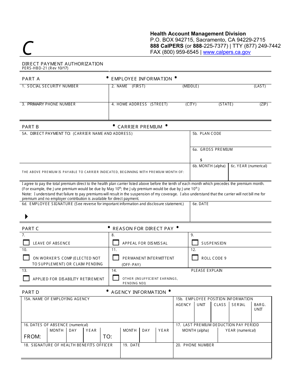 Form PERS-HBD-21 Direct Payment Authorization - California, Page 1