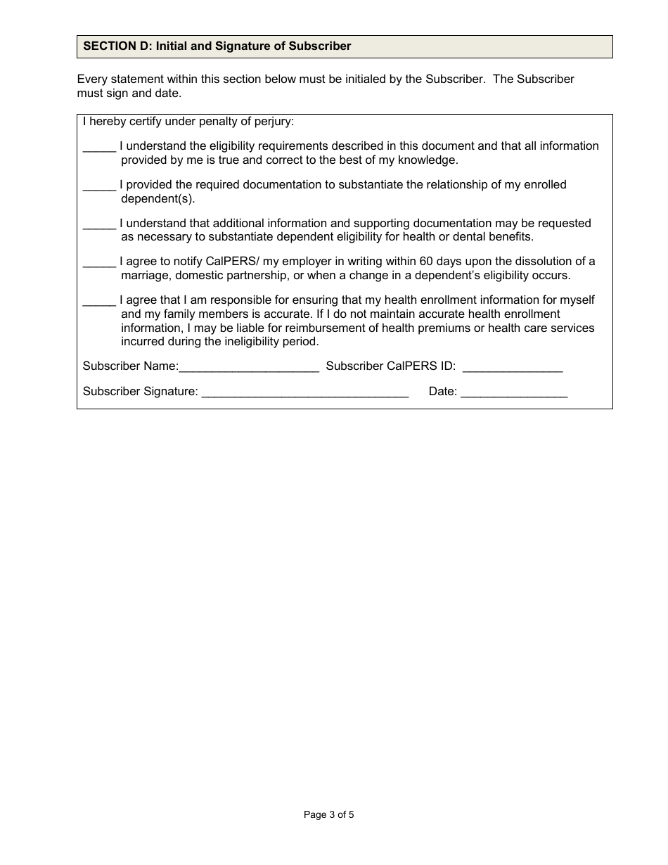 Dependent Verification Affidavit Form - California, Page 3