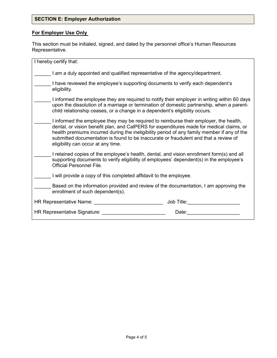 Dependent Verification Affidavit Form - California, Page 4