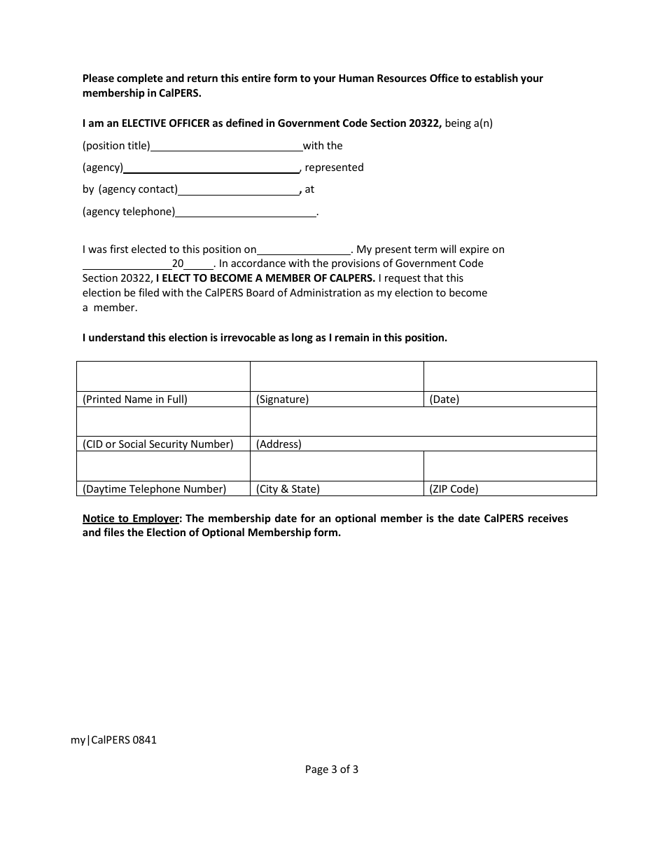 Form my|CalPERS0841 Election of Optional Membership - Elective Officer - California, Page 3