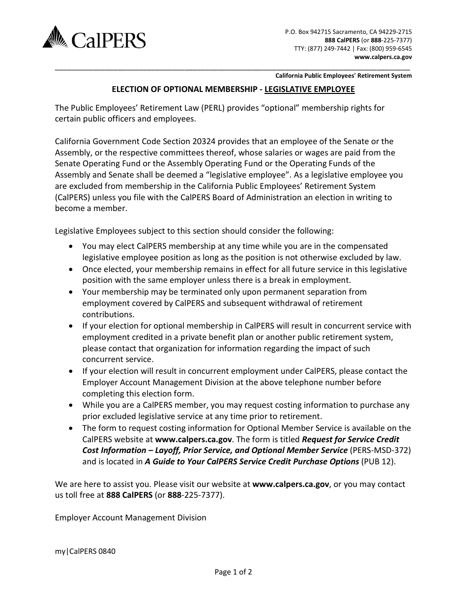 Form my|CalPERS0840 Election of Optional Membership - Legislative Employee - California, Page 1