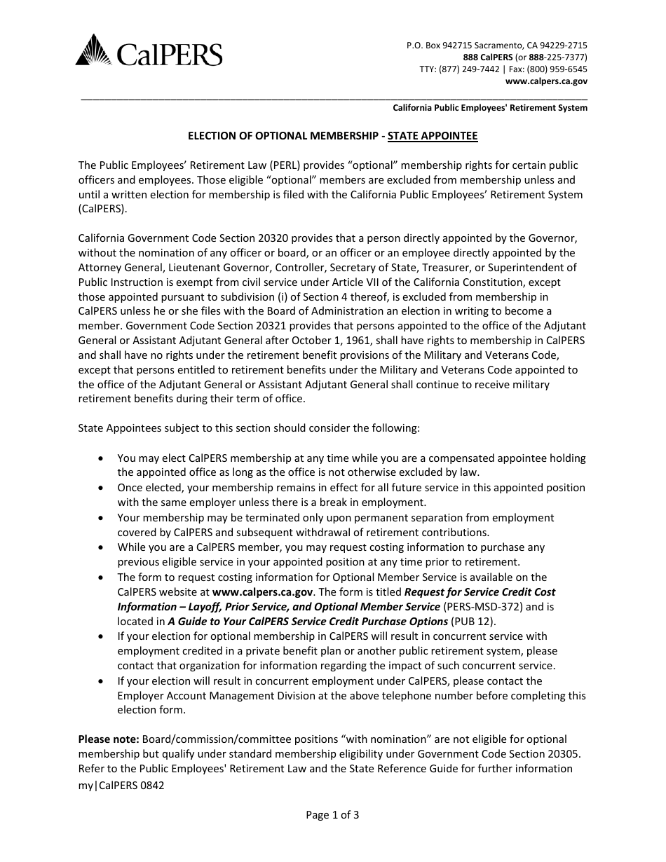Form my|CalPERS0842 Election of Optional Membership - State Appointee - California, Page 1
