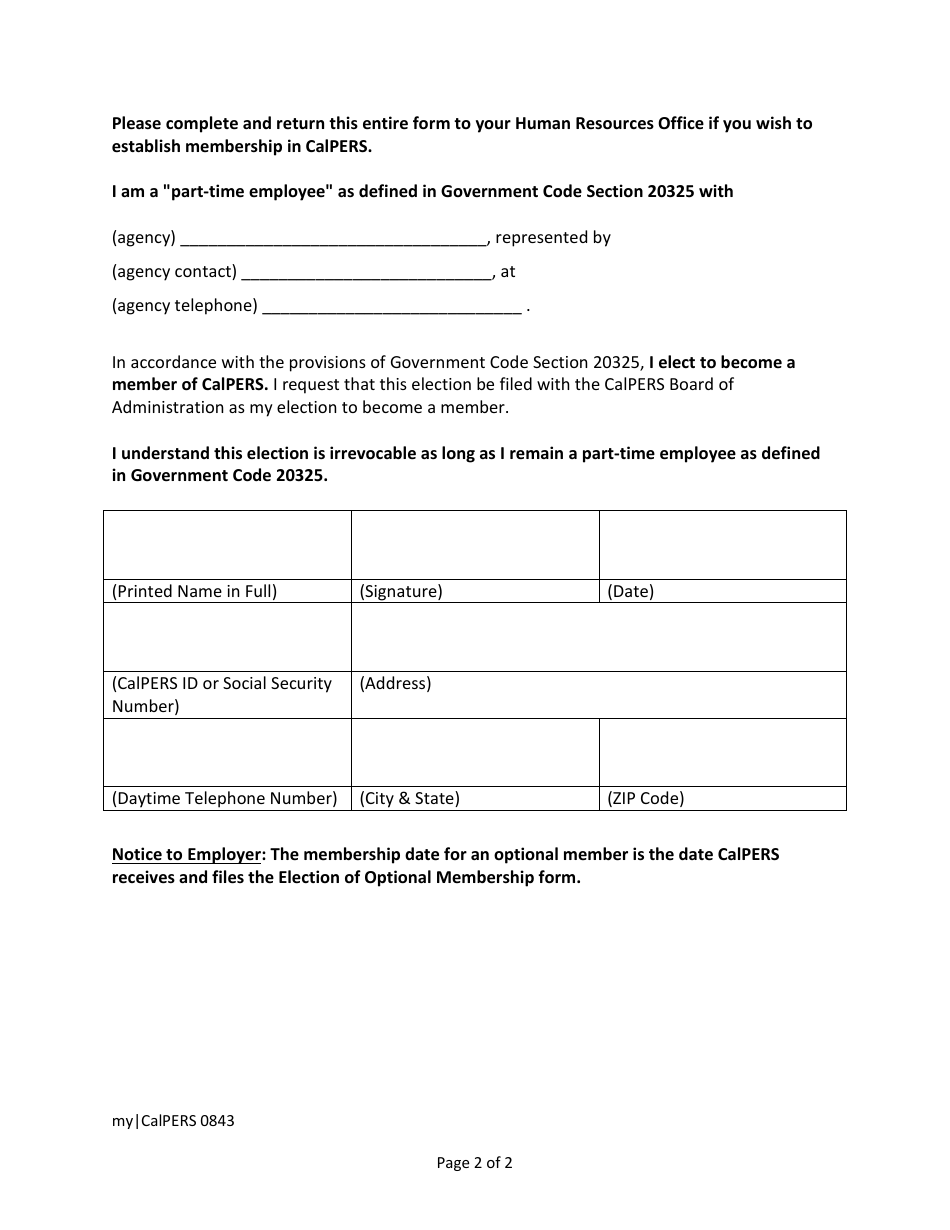 Form my|CalPERS0843 Election of Optional Membership - Part-Time Employee - California, Page 2