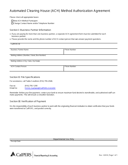 "Automated Clearing House (ACH) Method Authorization Agreement Form" - California Download Pdf