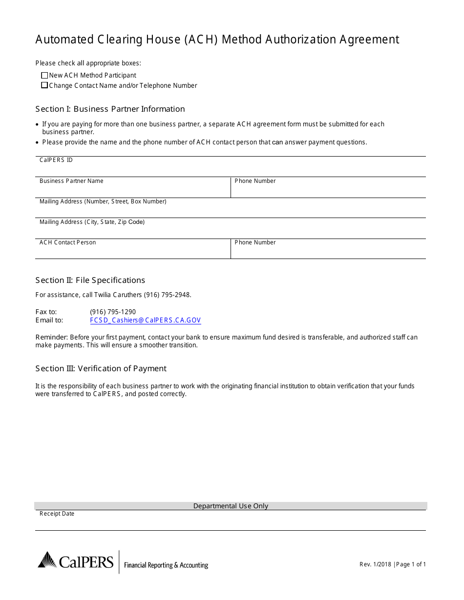 Automated Clearing House (ACH) Method Authorization Agreement Form - California, Page 1