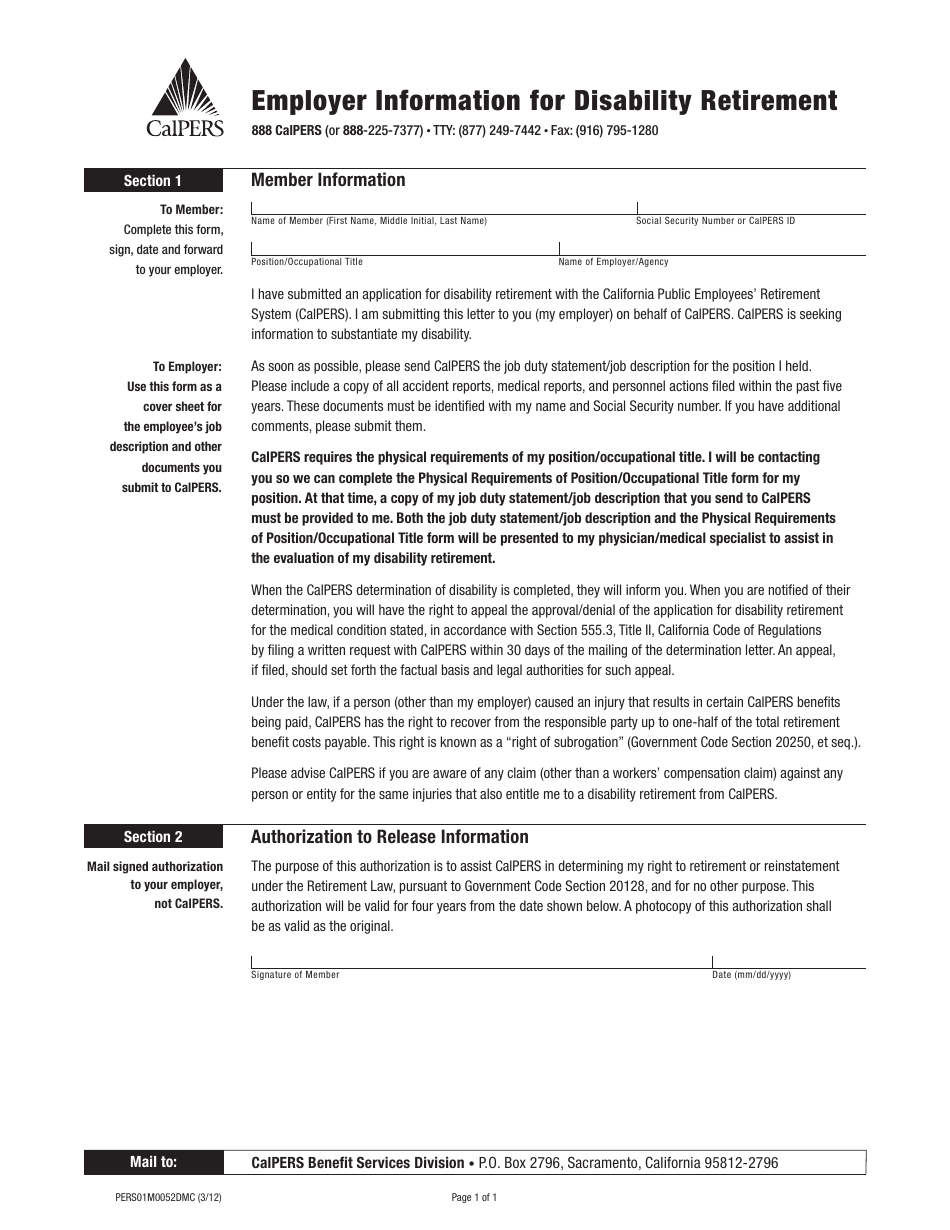 Form PERS01M0052DMC Employer Information for Disability Retirement - California, Page 1