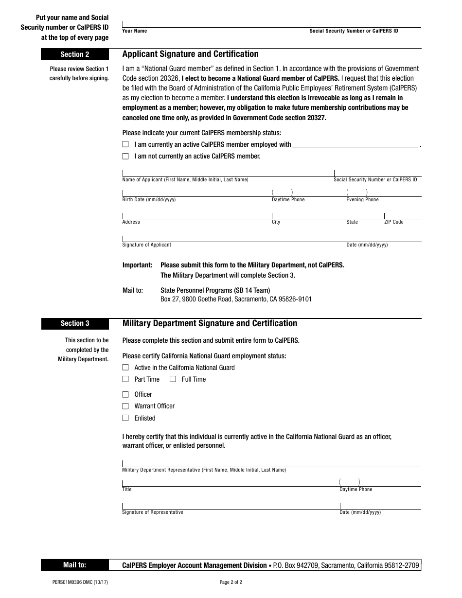 Form PERS01M0396 DMC Election of Optional Membership  California National Guard Member - California, Page 2