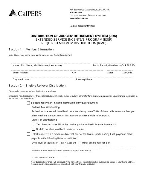 &quot;Distribution of Judges' Retirement System (Jrs) Extended Service Incentive Program (Esip) Required Minimum Distribution (Rmd) Form&quot; - California Download Pdf