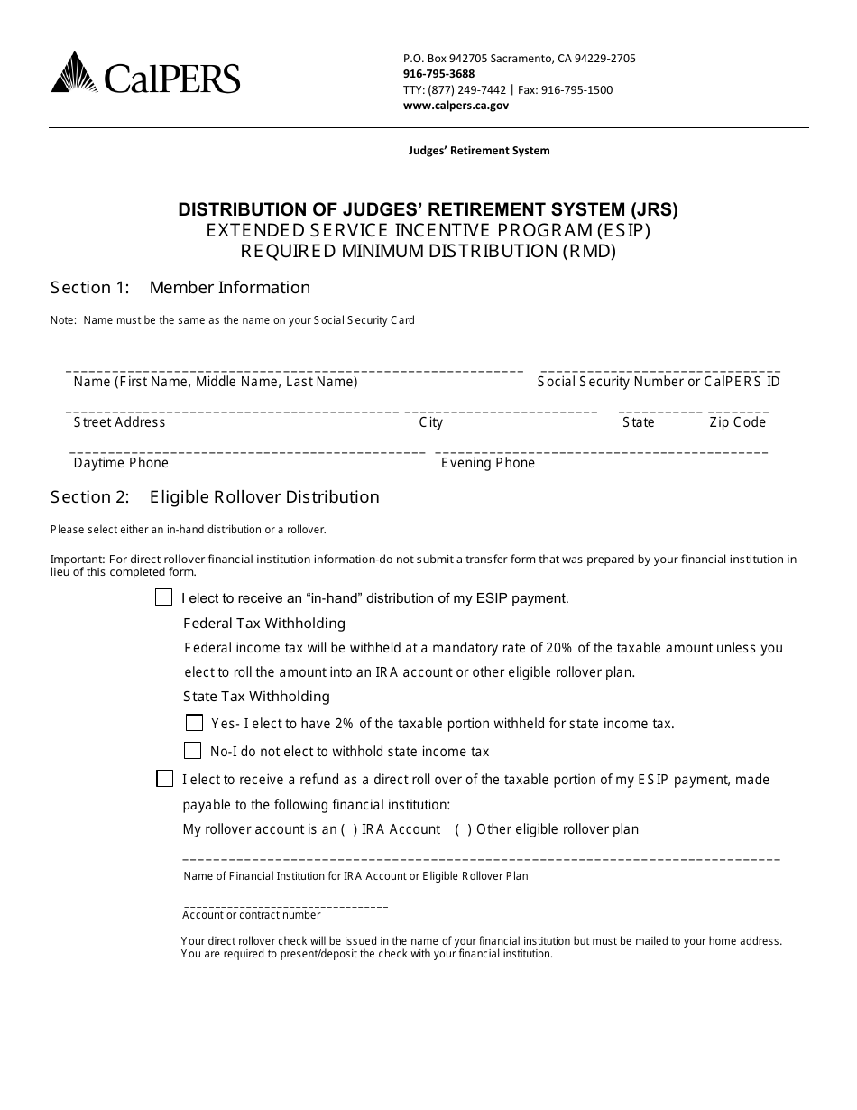 Distribution of Judges Retirement System (Jrs) Extended Service Incentive Program (Esip) Required Minimum Distribution (Rmd) Form - California, Page 1