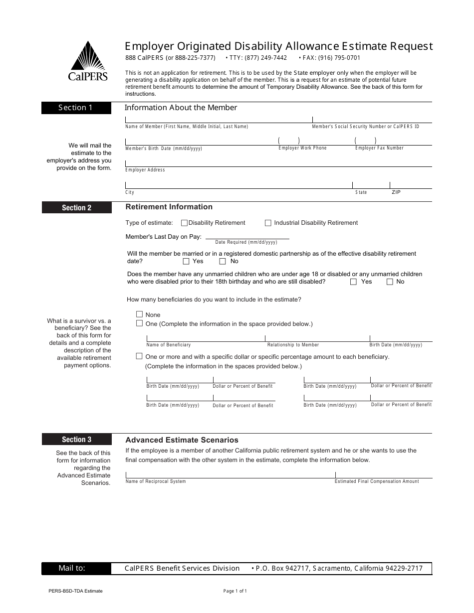 Form PERS-BSD-TDA Employer Originated Disability Allowance Estimate Request - California, Page 1