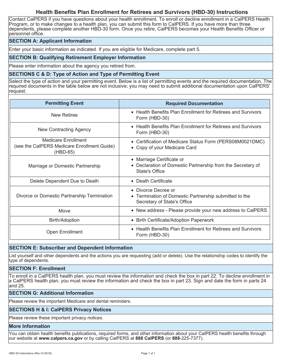 Instructions for Form HBD-30 Health Benefits Plan Enrollment for Retirees and Survivors - California, Page 1