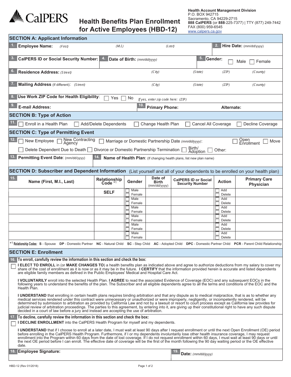 Form HBD-12 Health Benefits Plan Enrollment for Active Employees - California, Page 1
