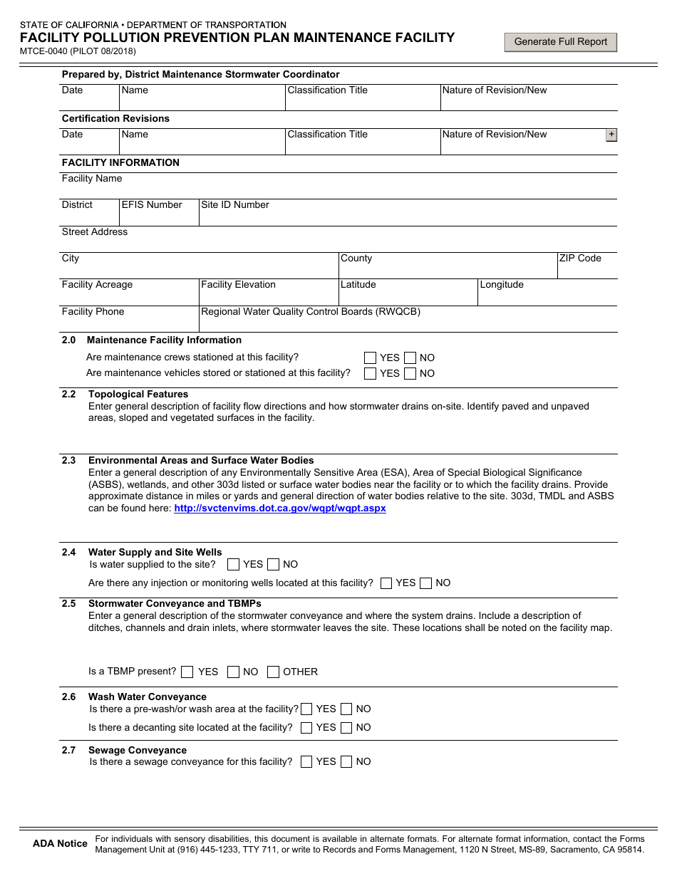Form MTCE-0040 Facility Pollution Prevention Plan Maintenance Facility - California, Page 1