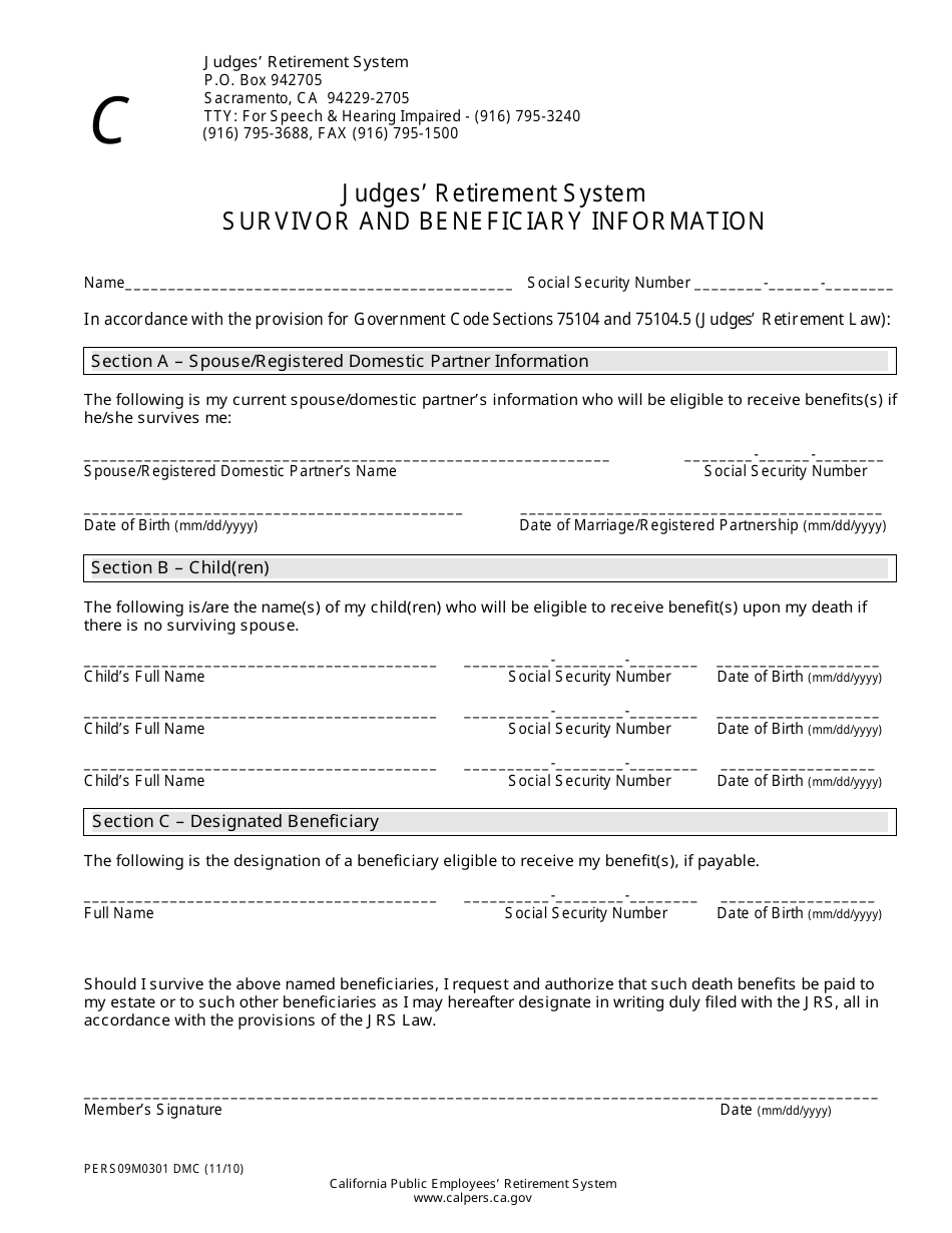Form PERS09M0301 DMC Survivor and Beneficiary Information - Judges Retirement System - California, Page 1