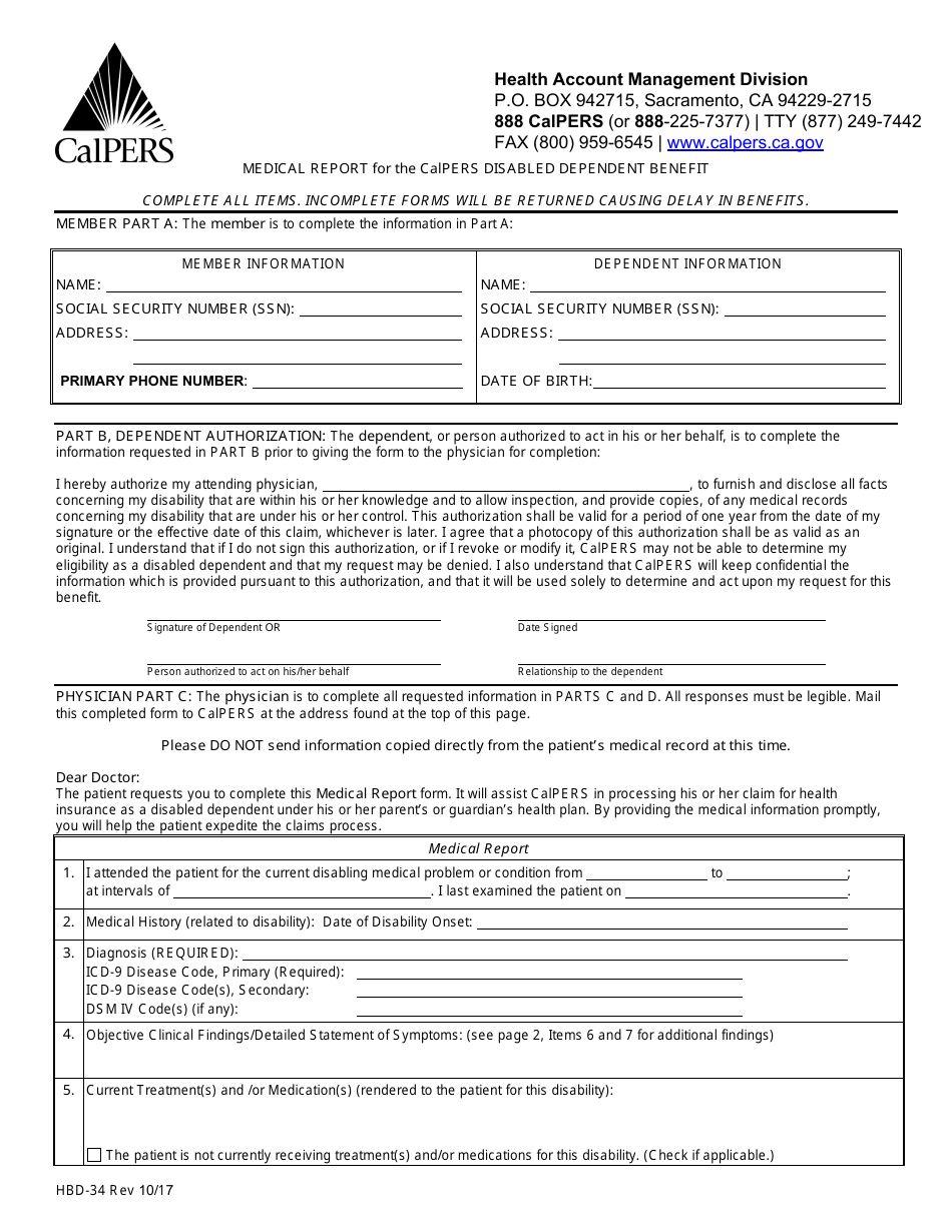 Form HBD-34 Medical Report for the CalPERS Disabled Dependent Benefit - California, Page 1