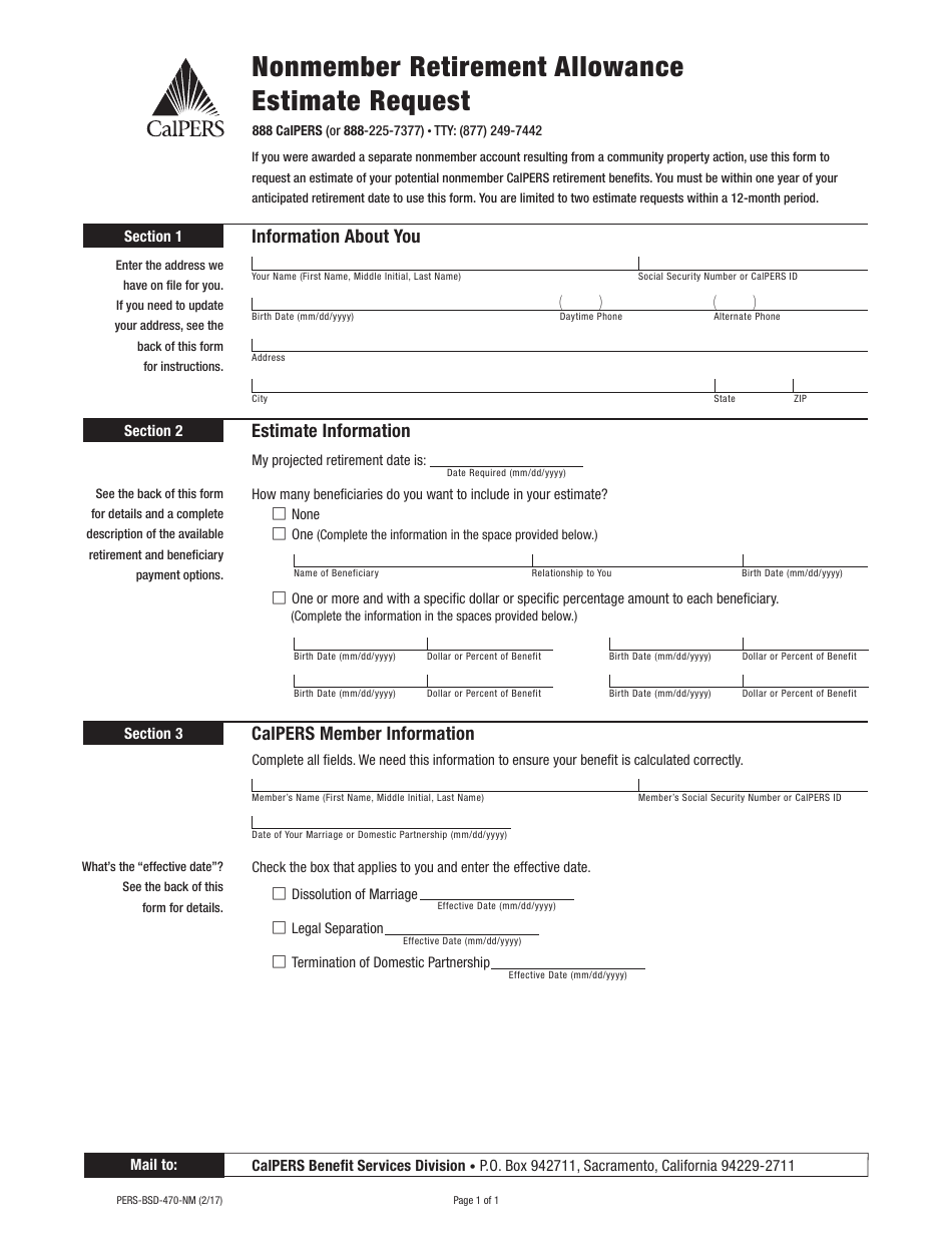 Form PERS-BSD-470-NM Nonmember Retirement Allowance Estimate Request - California, Page 1