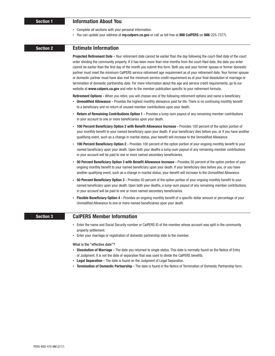 Form PERS-BSD-470-NM Nonmember Retirement Allowance Estimate Request - California, Page 2