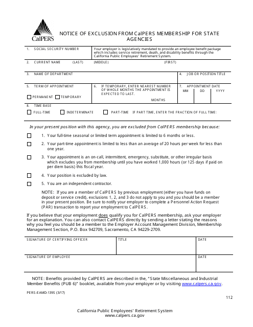 Form PERS-EAMD-139S  Printable Pdf