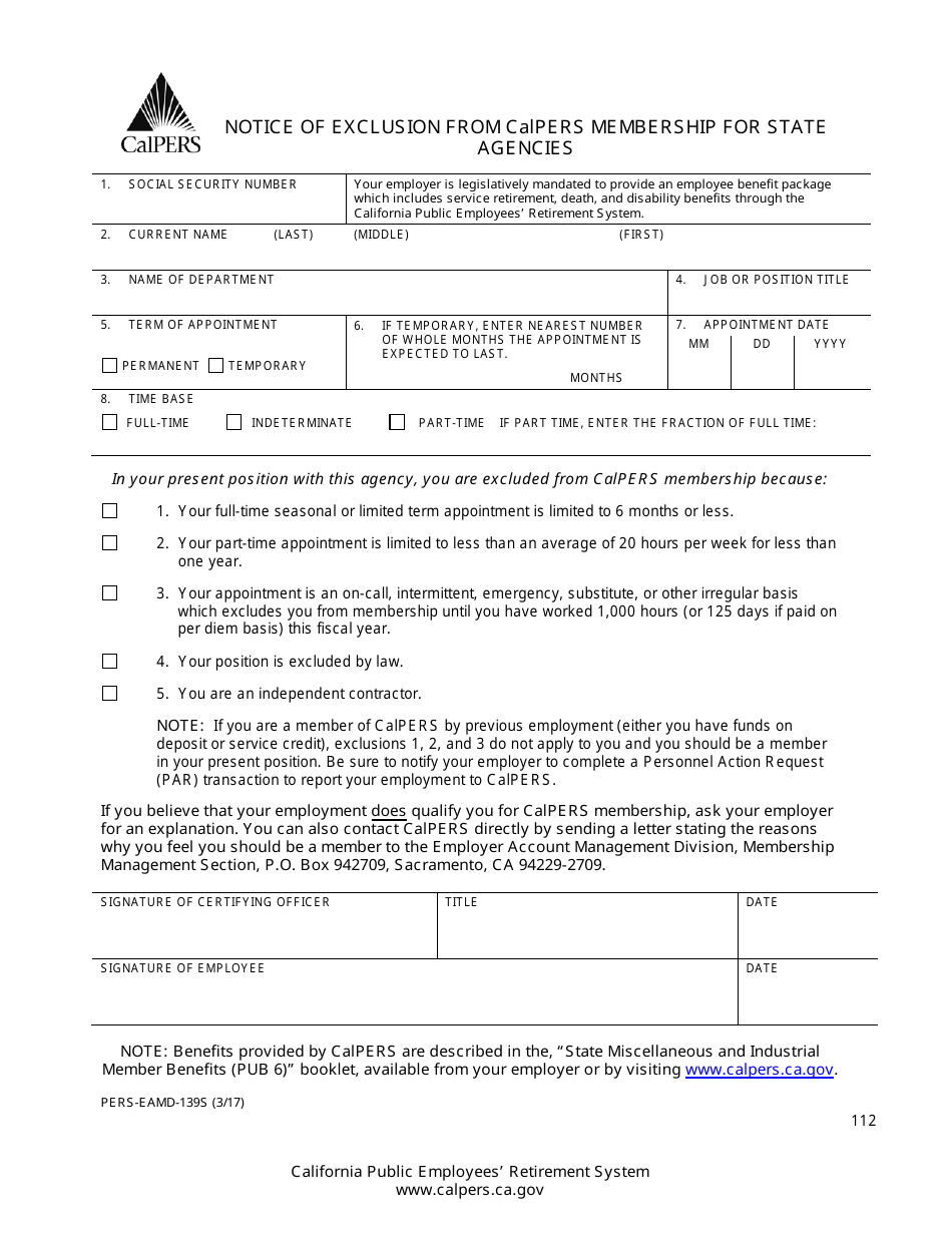 Form PERS-EAMD-139S Notice of Exclusion From CalPERS Membership for State Agencies - California, Page 1