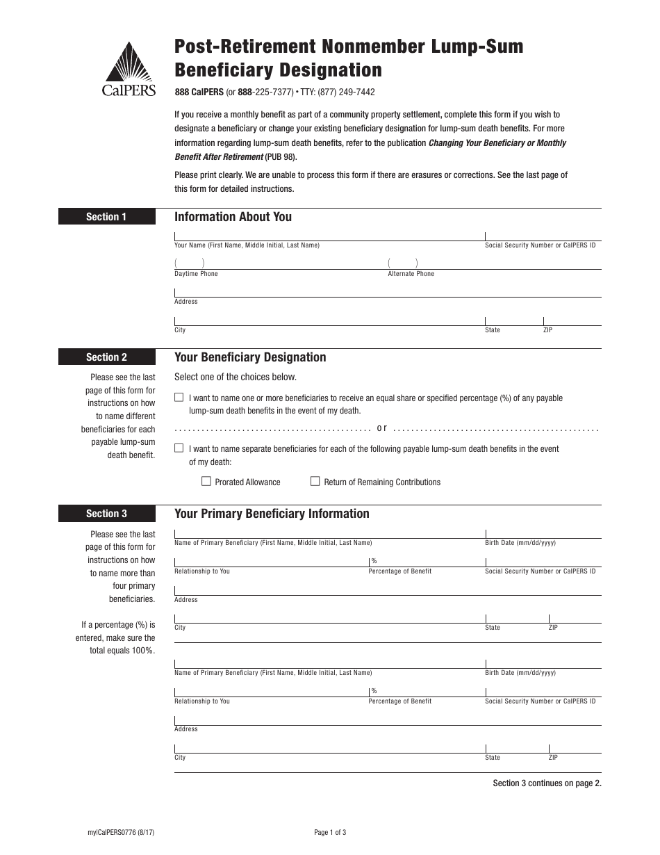 California Postretirement Nonmember LumpSum Beneficiary Designation