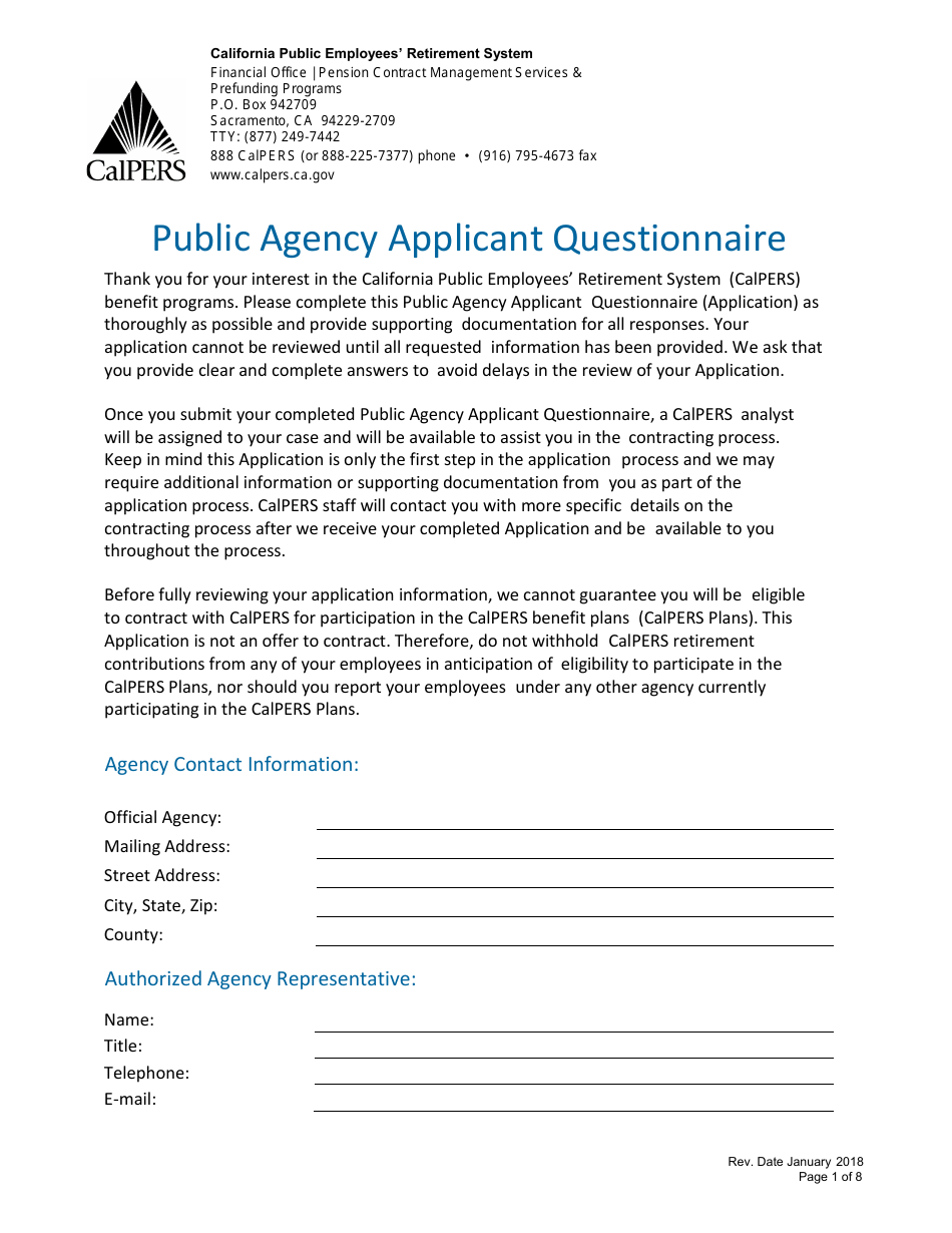 Public Agency Applicant Questionnaire - California, Page 1