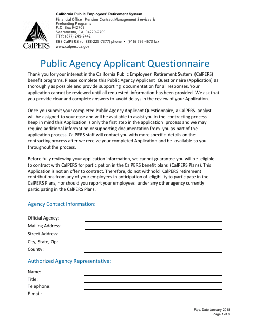 &quot;Public Agency Applicant Questionnaire&quot; - California Download Pdf