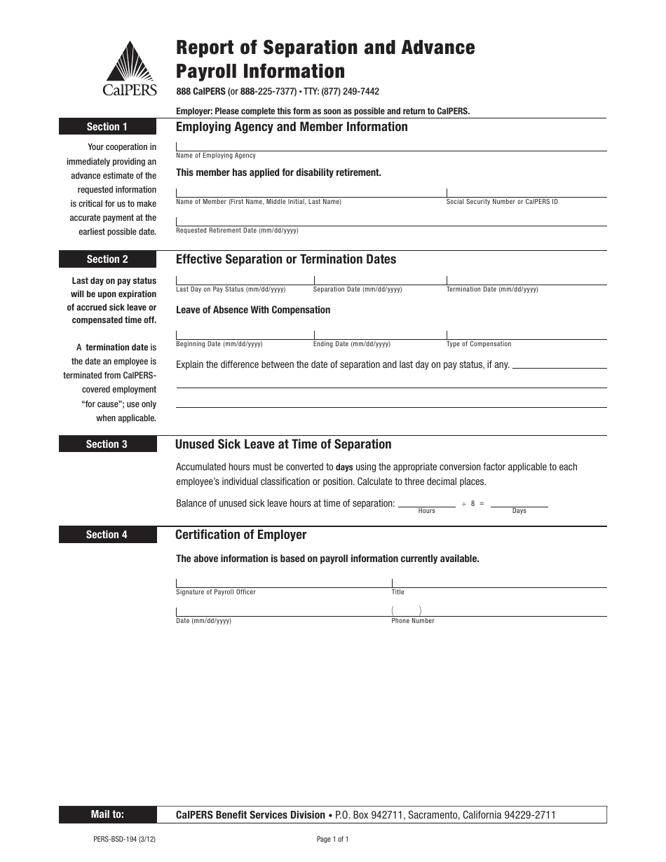 Form PERS-BSD-194 Report of Separation and Advance Payroll Information - California, Page 1