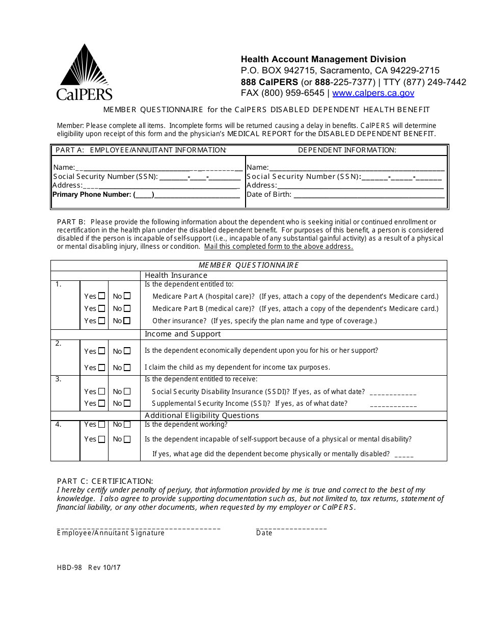 Form HBD98 Fill Out, Sign Online and Download Fillable PDF