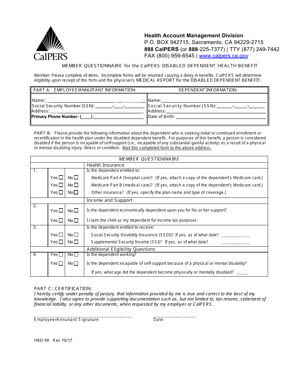 Form HBD-98 Member Questionnaire for the CalPERS Disabled Dependent Health Benefit - California, Page 1