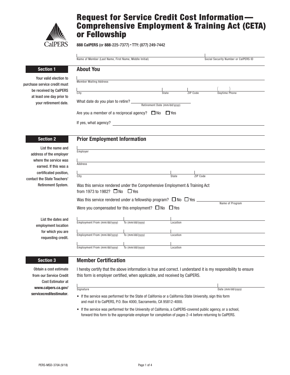Form PERS-MSD-370A Request for Service Credit Cost Information  Comprehensive Employment  Training Act (Ceta) or Fellowship - California, Page 1