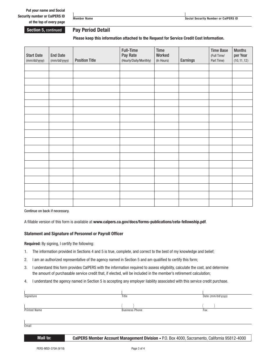 Form PERS-MSD-370A Request for Service Credit Cost Information  Comprehensive Employment  Training Act (Ceta) or Fellowship - California, Page 3