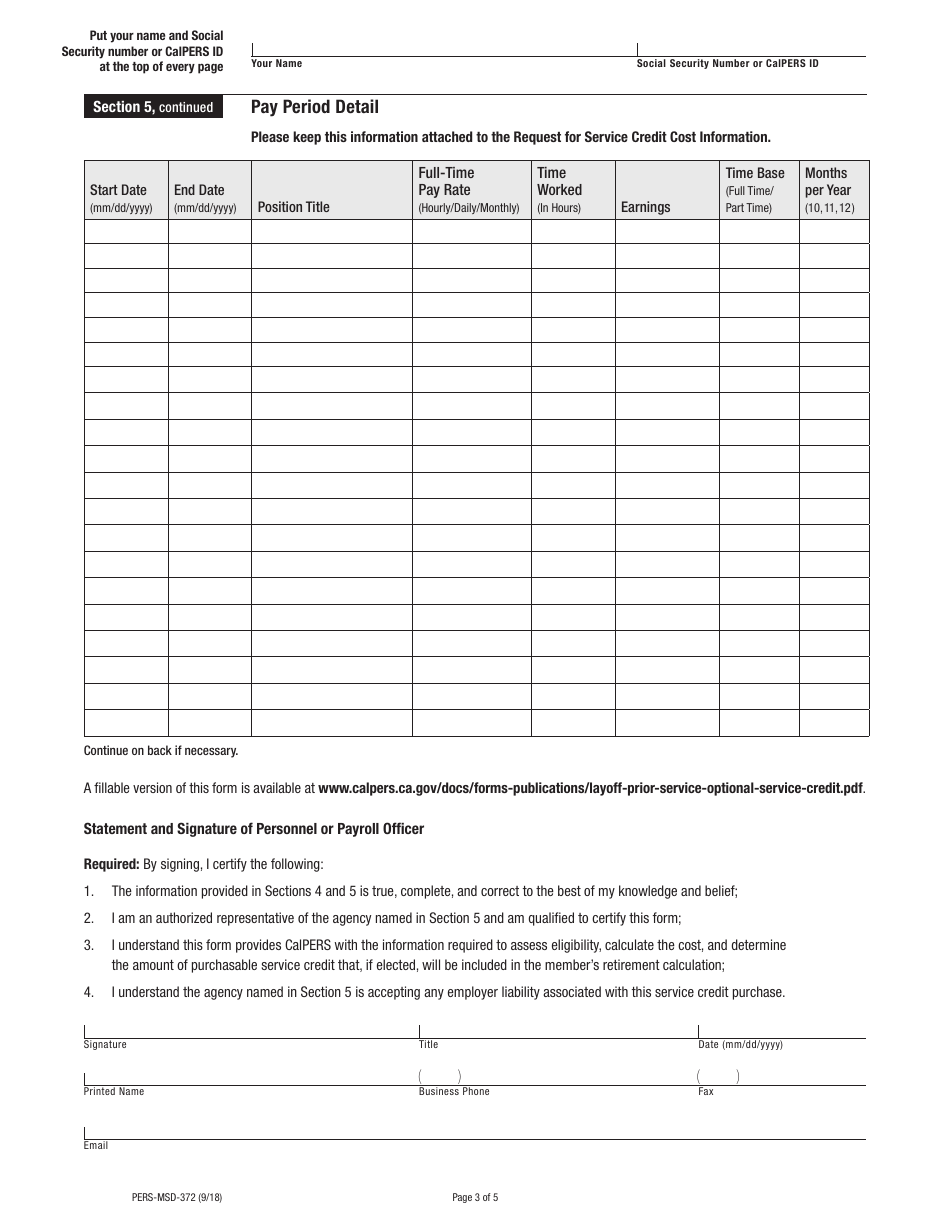 Form PERS-MSD-372 Request for Service Credit Cost Information  Layoff, Prior Service, and Optional Member Service - California, Page 3