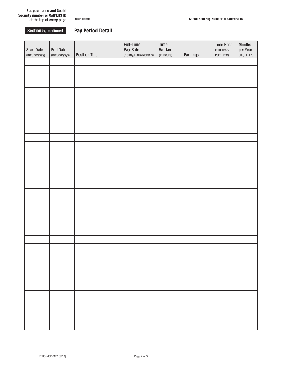 Form PERS-MSD-372 Request for Service Credit Cost Information  Layoff, Prior Service, and Optional Member Service - California, Page 4