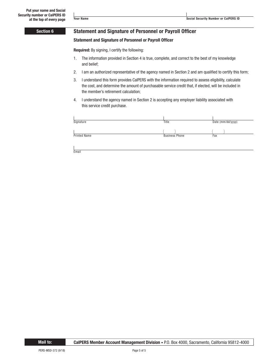 Form PERS-MSD-372 Request for Service Credit Cost Information  Layoff, Prior Service, and Optional Member Service - California, Page 5