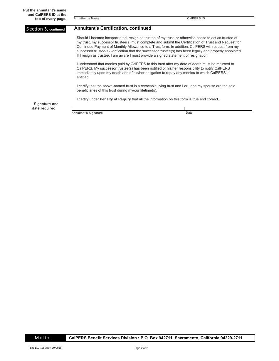 Form PERS-BSD-1961 Request for Payment of Monthly Allowance to a Trust - California, Page 2