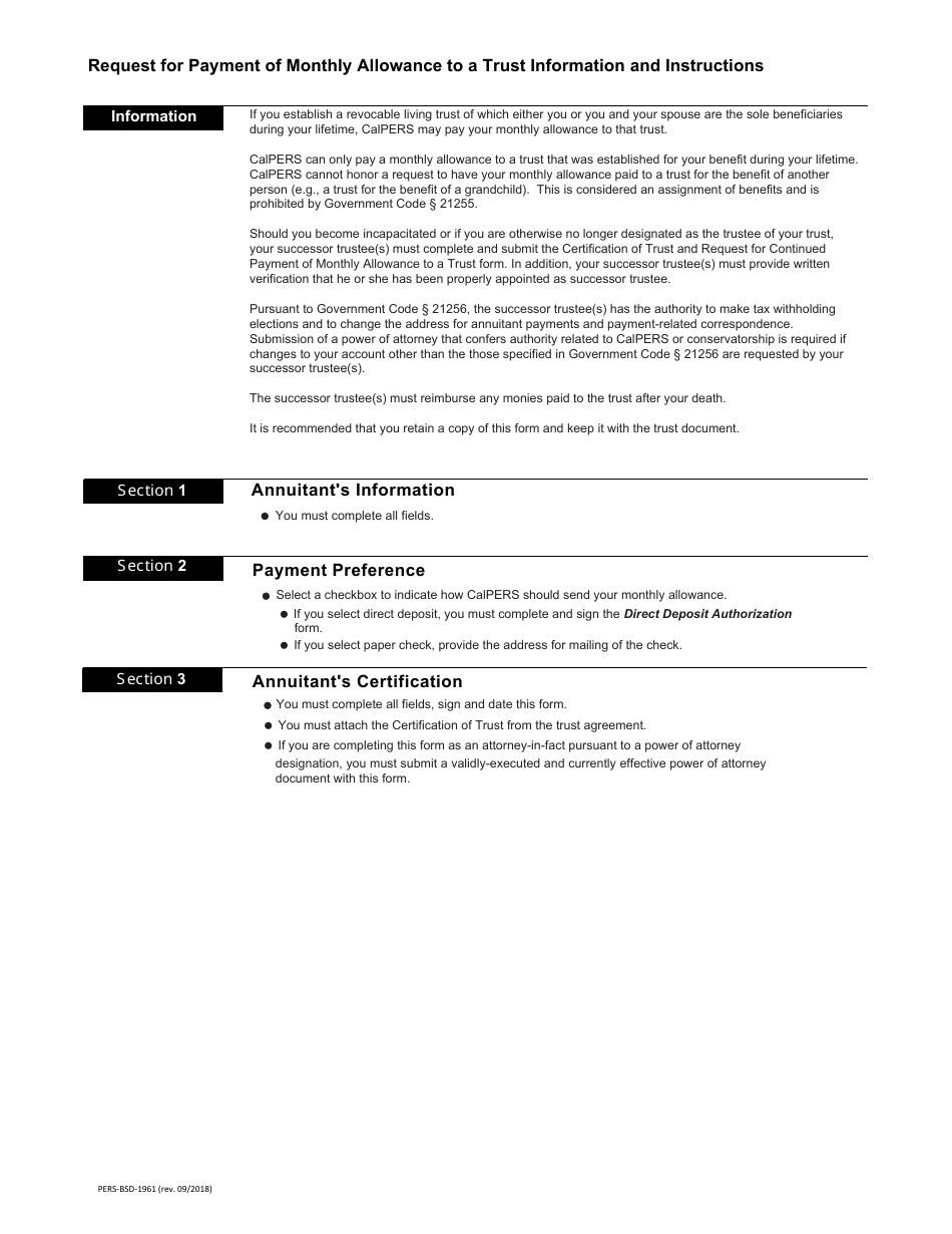 Form PERS-BSD-1961 Request for Payment of Monthly Allowance to a Trust - California, Page 3