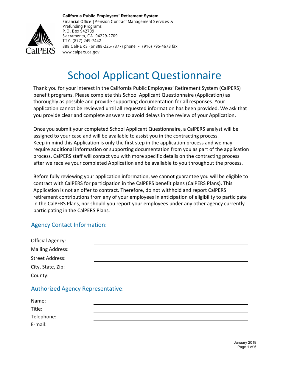 School Applicant Questionnaire Form - California, Page 1