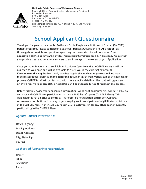"School Applicant Questionnaire Form" - California Download Pdf