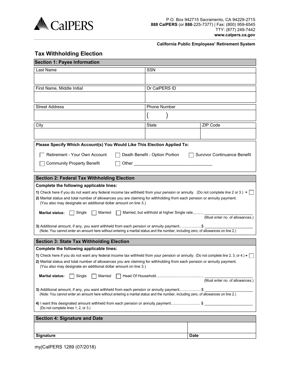 Form 1289 Tax Withholding Election - California, Page 1