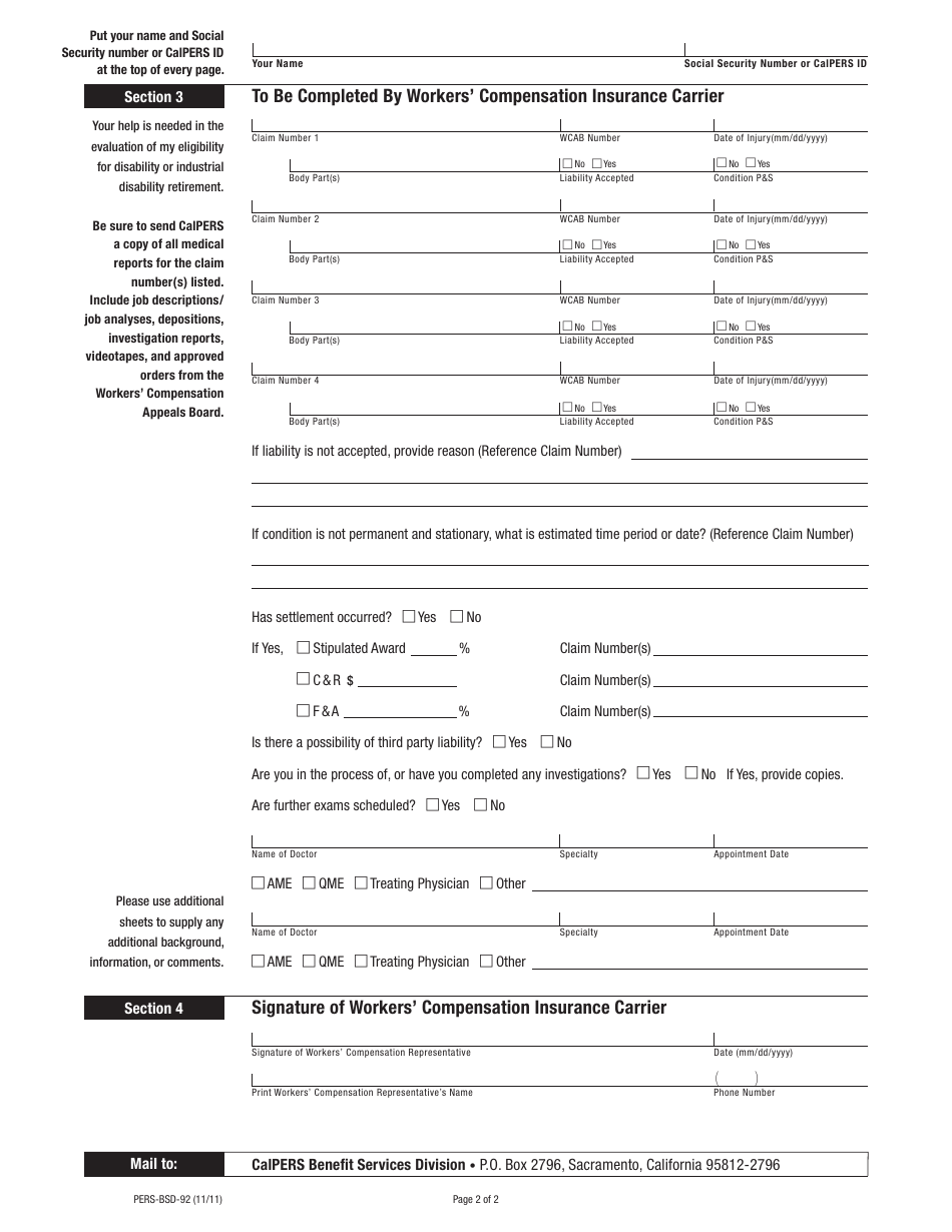 Form PERS-BSD-92 Workers Compensation Carrier Request - California, Page 2