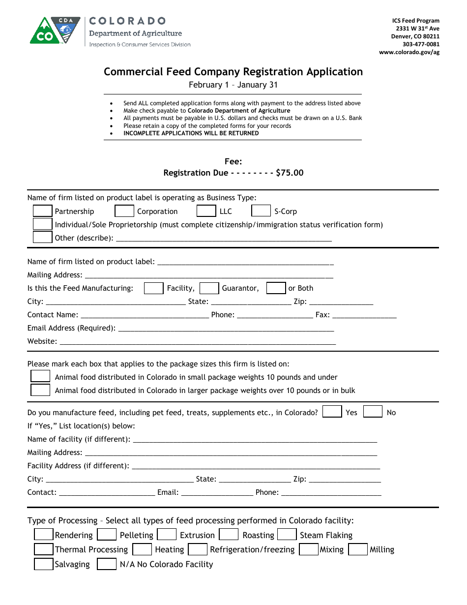 Commercial Feed Company Registration Application Form - Colorado, Page 1