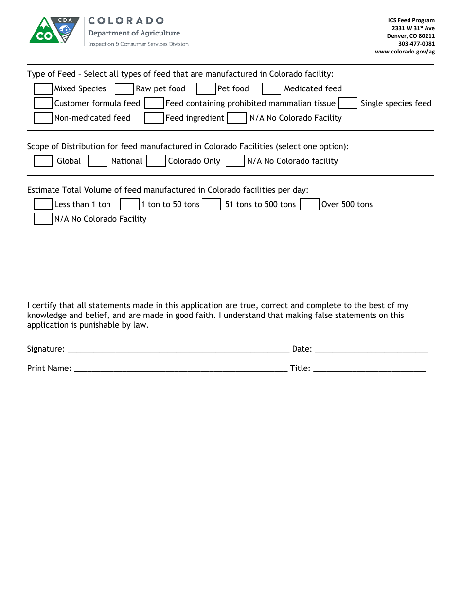 Commercial Feed Company Registration Application Form - Colorado, Page 2