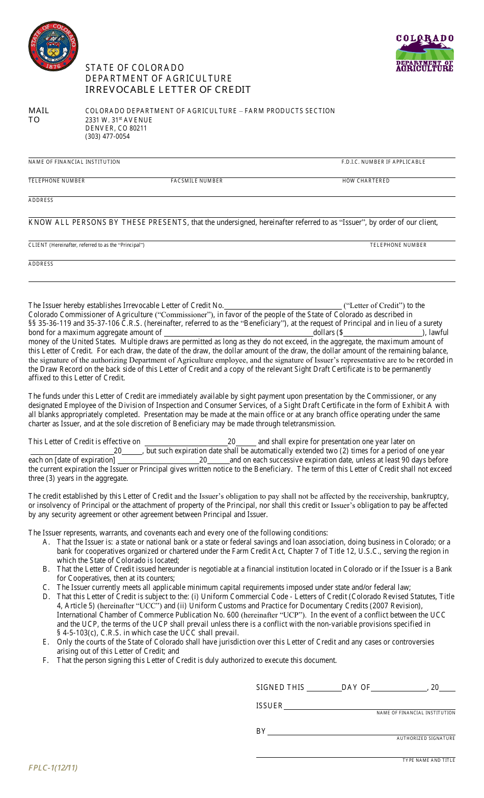 Form FPLC-1 Irrevocable Letter of Credit - Colorado, Page 1