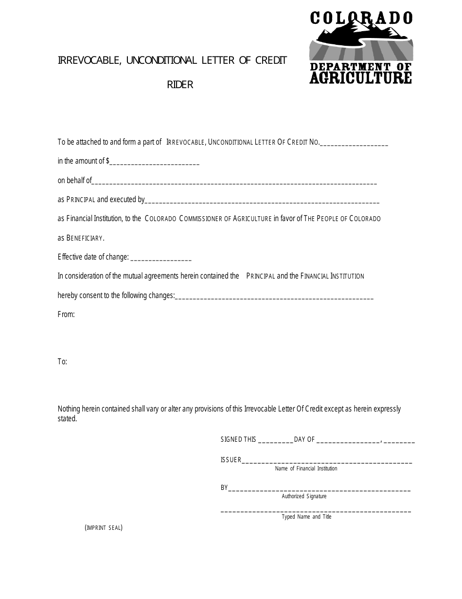 Irrevocable, Unconditional Letter of Credit Rider - Colorado, Page 1