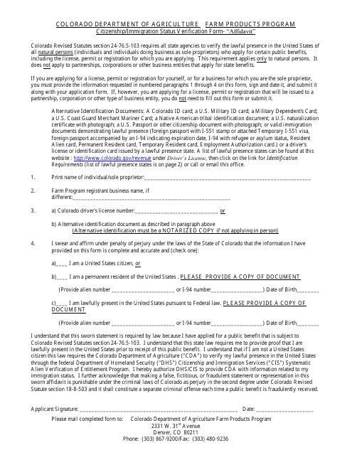 Citizenship / Immigration Status Verification Form - "affidavit" - Farm Products Program - Colorado Download Pdf