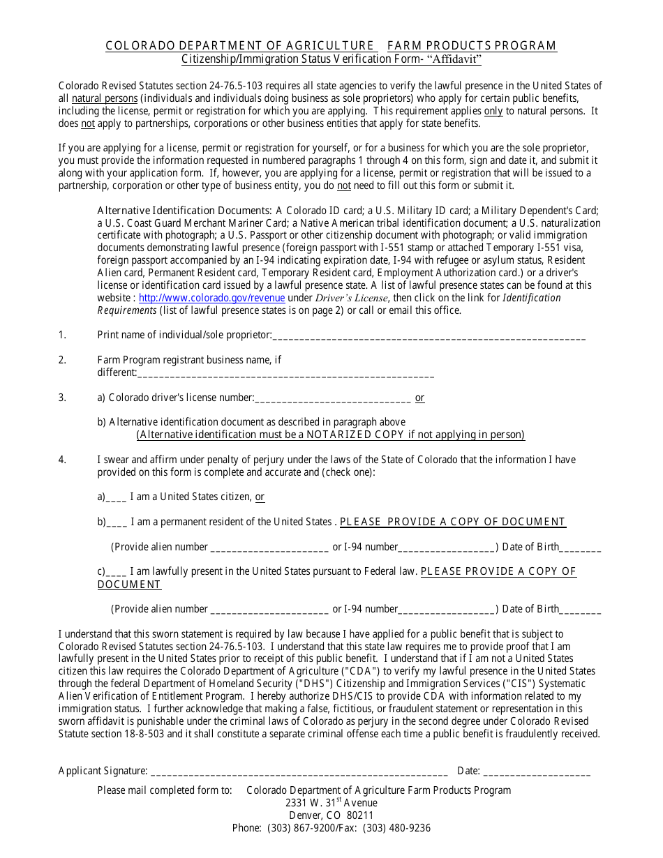 Citizenship / Immigration Status Verification Form - affidavit - Farm Products Program - Colorado, Page 1