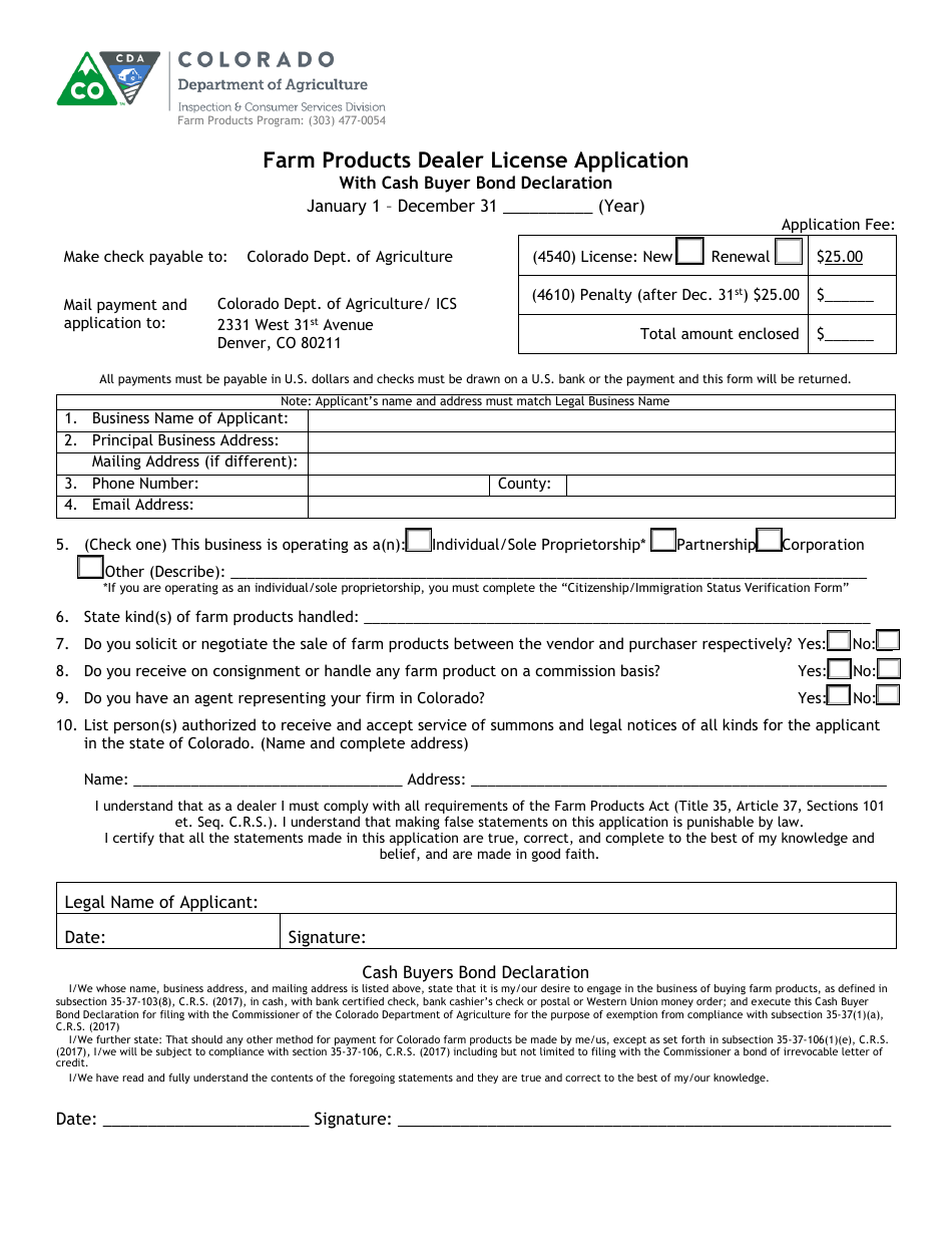 Farm Products Dealer License Application Form With Cash Buyer Affidavit - Colorado, Page 1