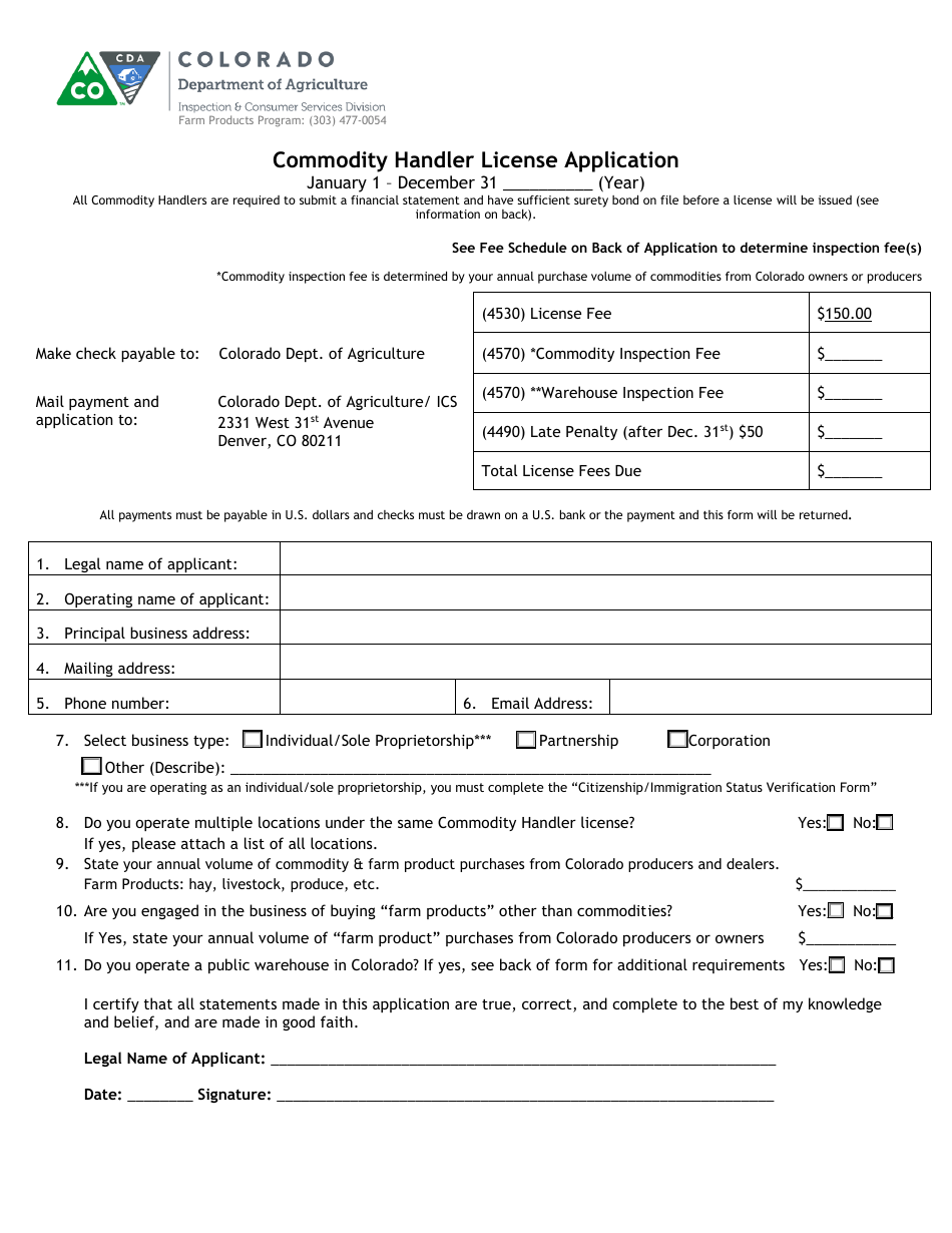 Commodity Handler License Application Form - Colorado, Page 1